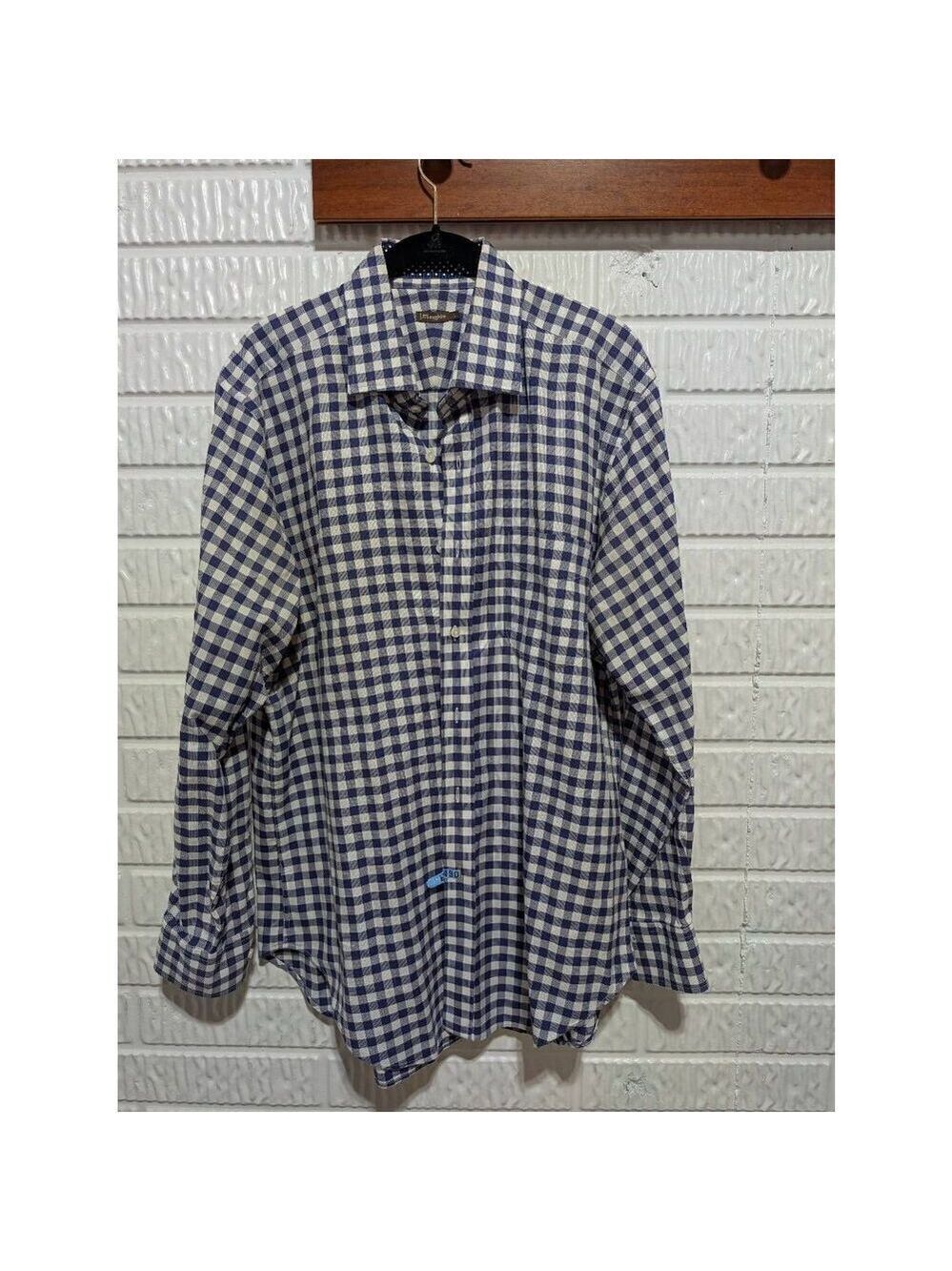 J.McLaughlin Men's Navy Blue & White Checked Long-Sleeve Button-Down Shirt Size